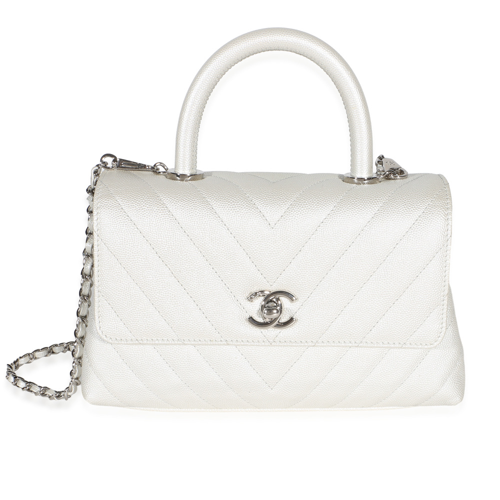 Chanel Silver Chevron Caviar Mini Coco Top Handle Bag